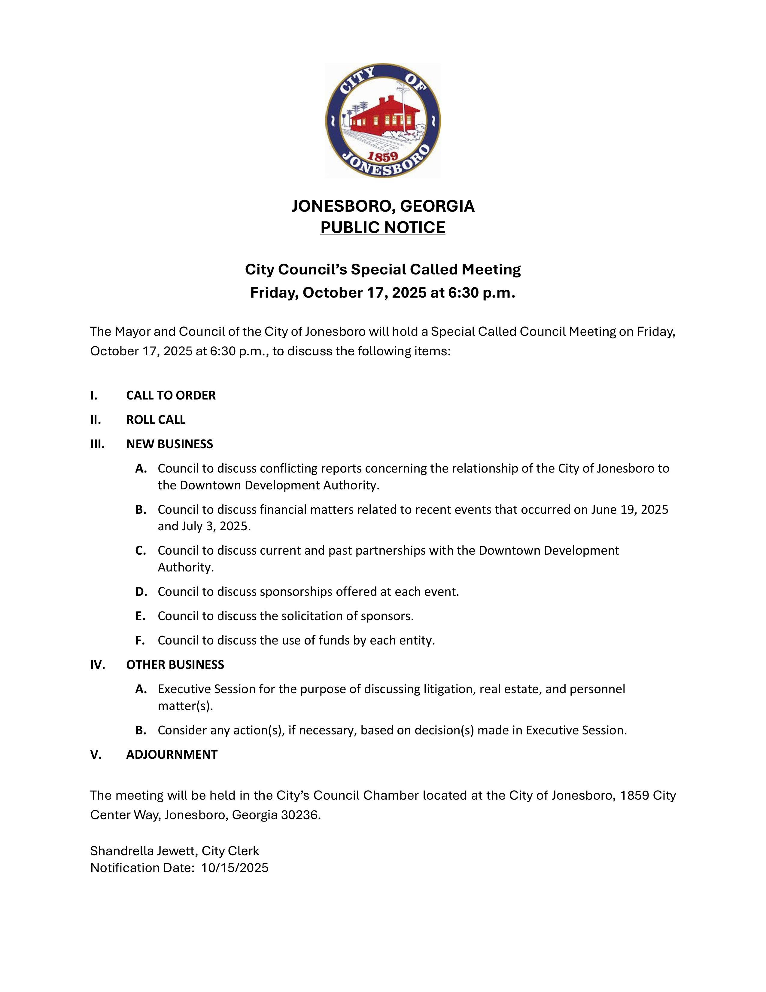 PUBLIC NOTICE - SPECIAL CALLED MEETING OCTOBER 17th, 2025 